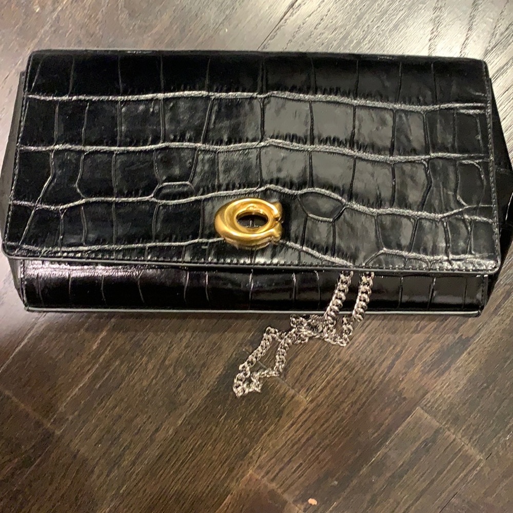 Coach leather/crocodile clutch bag with optional silver chain for shoulder wear